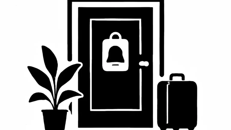 Ilustração simbolizando despejo: porta com aviso de notificação e mala ao lado