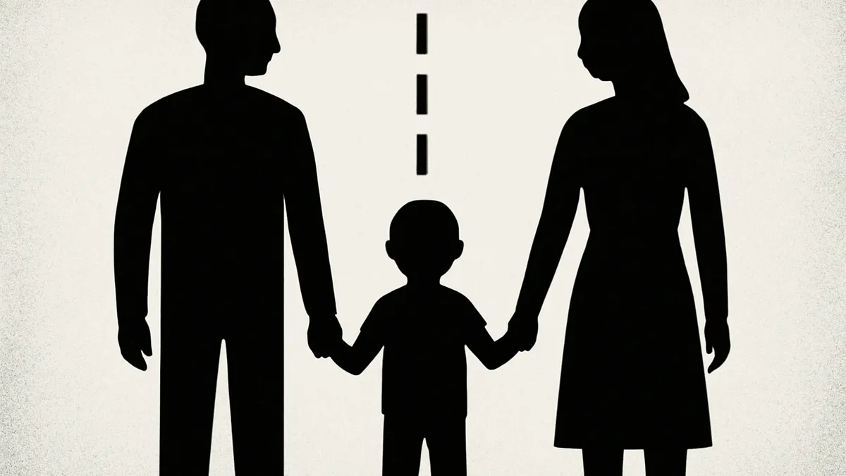 Ilustração simbolizando direito de família: pais e filho com linha tracejada representando divórcio e guarda