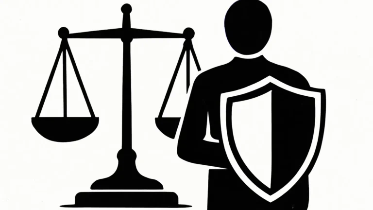 Ilustração minimalista em preto e branco de uma balança de justiça ao lado de uma pessoa protegida por um escudo, simbolizando o direito penal para leigos