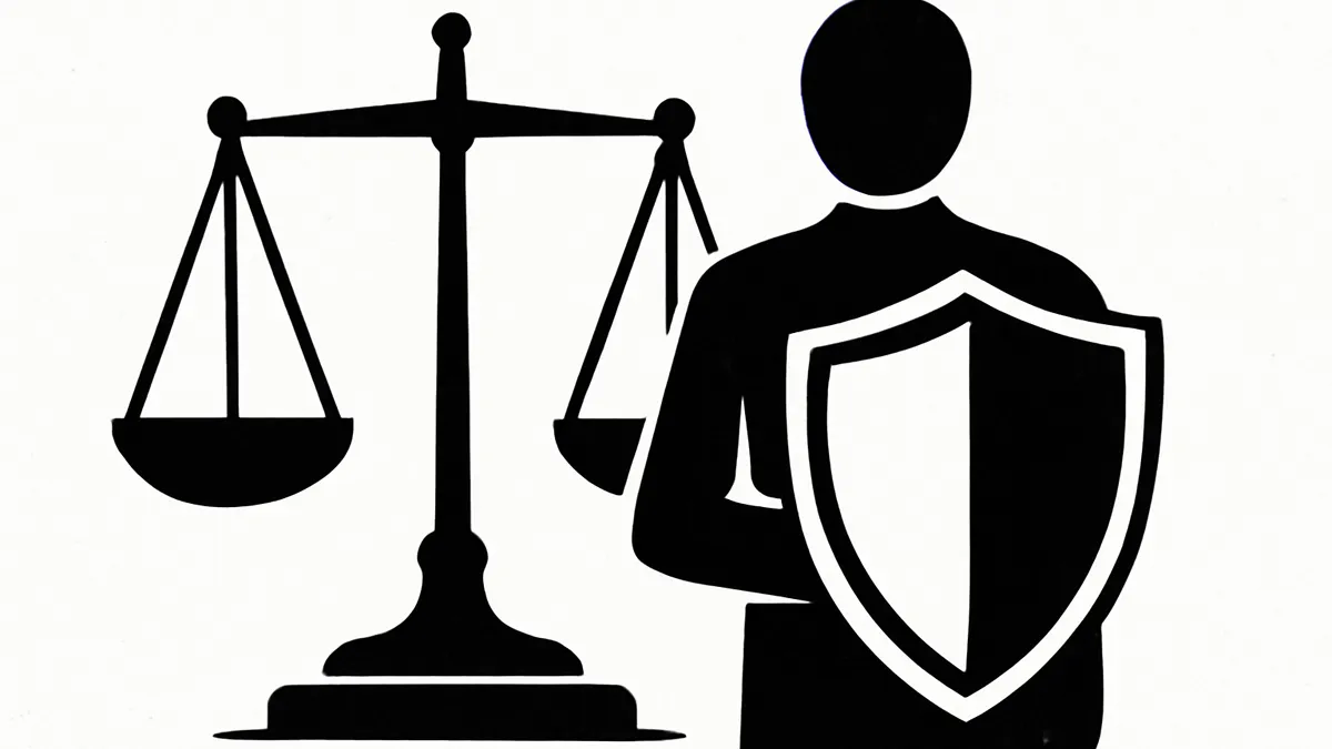 Ilustração minimalista em preto e branco de uma balança de justiça ao lado de uma pessoa protegida por um escudo, simbolizando o direito penal para leigos