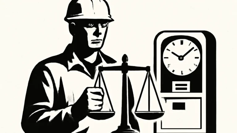 Ilustração simbolizando direitos trabalhistas: trabalhador com balança da justiça ao lado de relógio de ponto