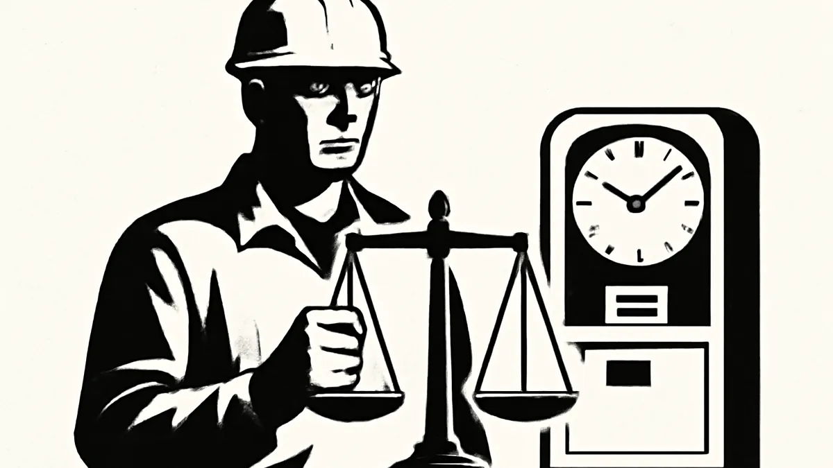 Ilustração simbolizando direitos trabalhistas: trabalhador com balança da justiça ao lado de relógio de ponto