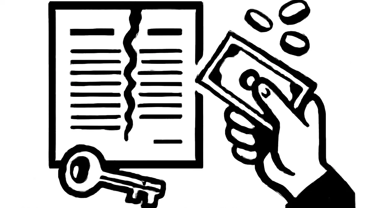 Ilustração minimalista em preto e branco de um contrato imobiliário rasgado ao meio com uma chave e dinheiro sendo devolvido, simbolizando o distrato imobiliário