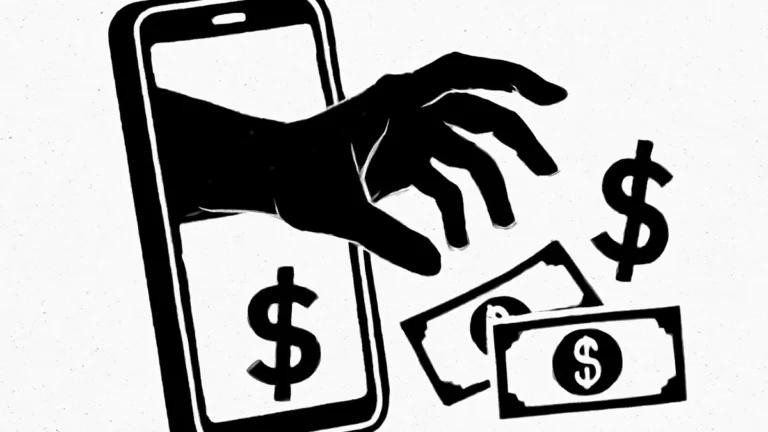 Ilustração de golpe do Pix: mão saindo de um celular em direção a dinheiro, simbolizando fraude financeira digital