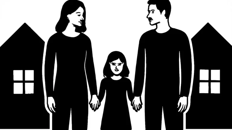 Ilustração minimalista em preto e branco de um pai e uma mãe de mãos dadas com uma criança entre duas casas, simbolizando a guarda compartilhada