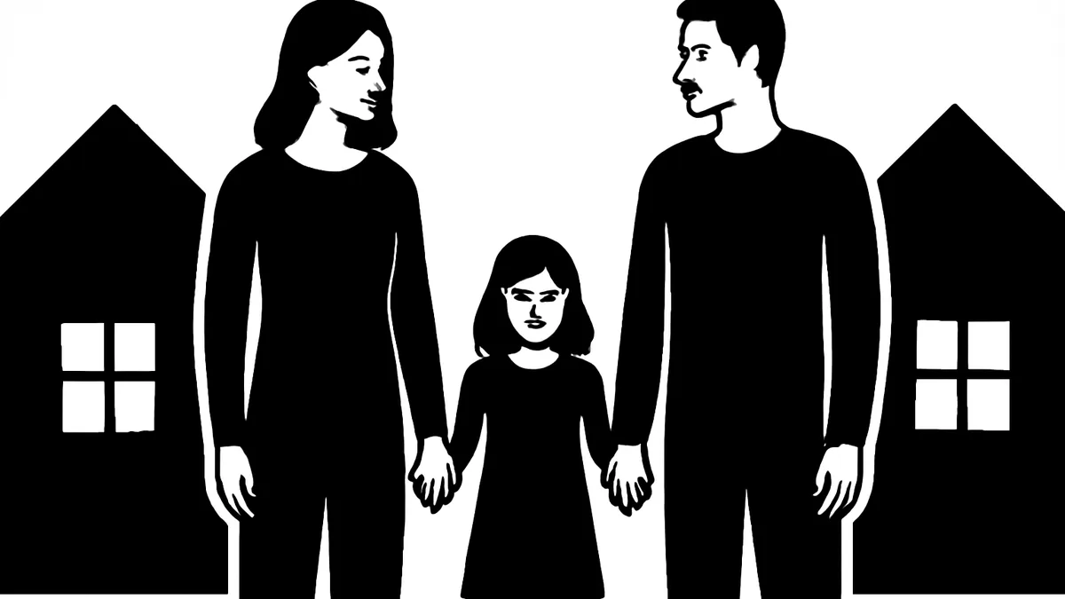 Ilustração minimalista em preto e branco de um pai e uma mãe de mãos dadas com uma criança entre duas casas, simbolizando a guarda compartilhada