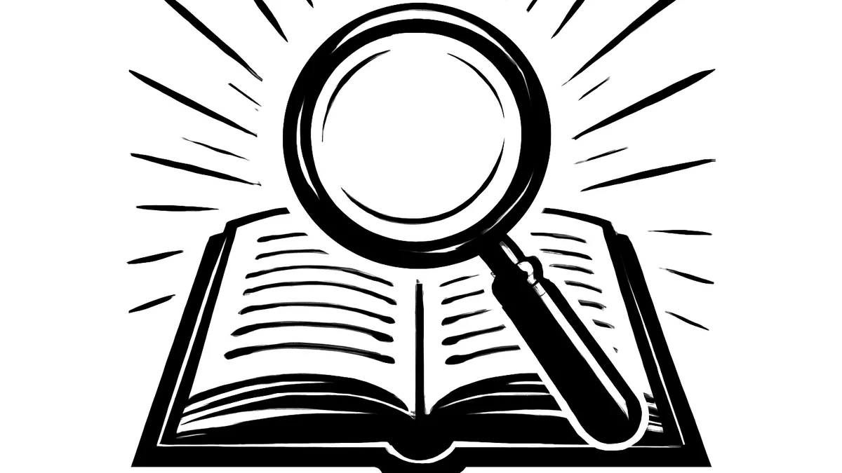 Ilustração simbolizando hermenêutica jurídica: lupa sobre livro de leis com raios de interpretação