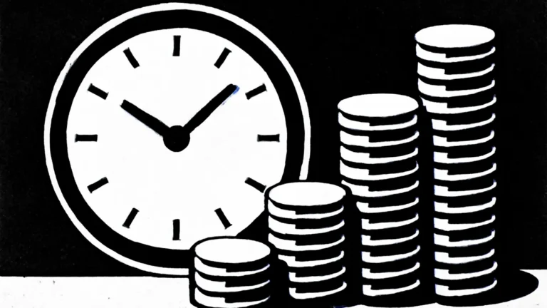 Ilustração simbolizando hora extra: relógio ao lado de pilhas de moedas crescendo