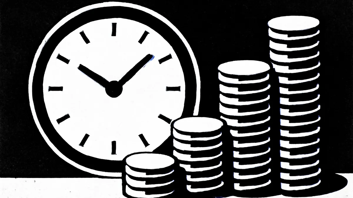 Ilustração simbolizando hora extra: relógio ao lado de pilhas de moedas crescendo