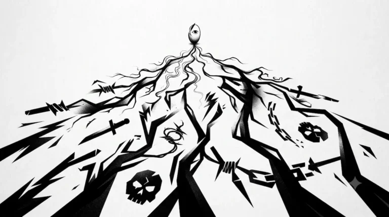 Ilustração conceitual em preto e branco sobre desinformação e crimes de ódio