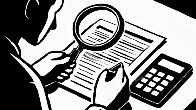 Ilustração simbolizando imposto de renda pessoa física: declaração sendo analisada com lupa