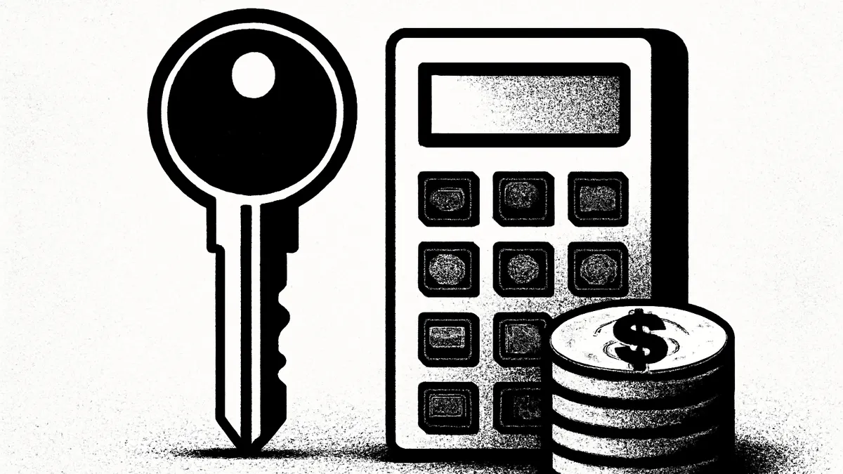 Chave de imóvel ao lado de calculadora, simbolizando o imposto de renda sobre aluguel