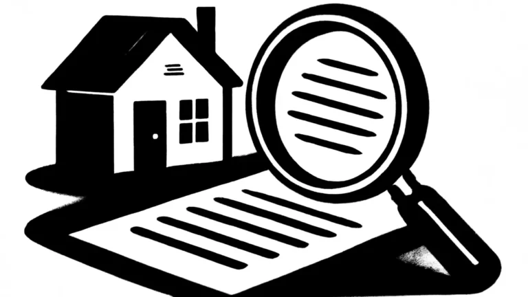 Ilustração minimalista em preto e branco de uma casa e uma lupa examinando um documento, simbolizando a contestação do valor do IPTU