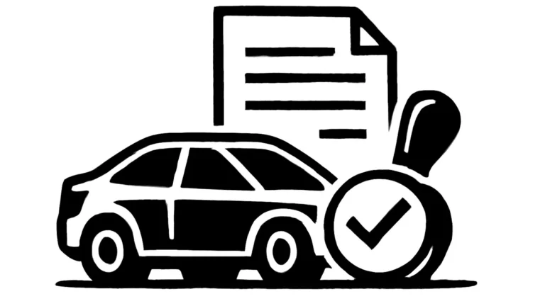 Ilustração minimalista em preto e branco de um carro ao lado de um documento e um carimbo de aprovação, simbolizando a isenção de IPVA