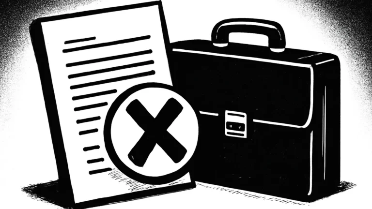 Ilustração minimalista em preto e branco de um documento com um X e uma maleta de trabalho, simbolizando a demissão por justa causa