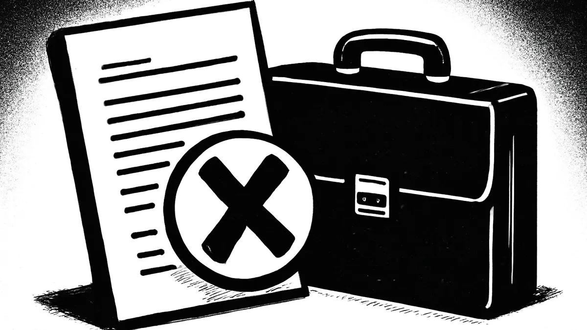 Ilustração minimalista em preto e branco de um documento com um X e uma maleta de trabalho, simbolizando a demissão por justa causa