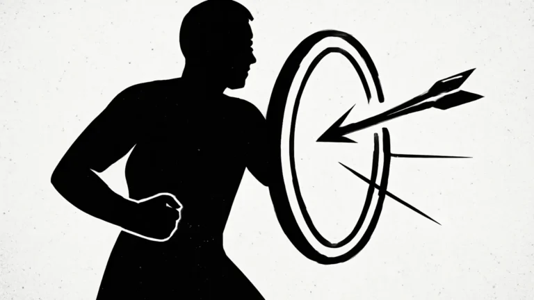 Ilustração minimalista em preto e branco de uma pessoa com um escudo bloqueando uma flecha, simbolizando a legítima defesa no Direito Penal