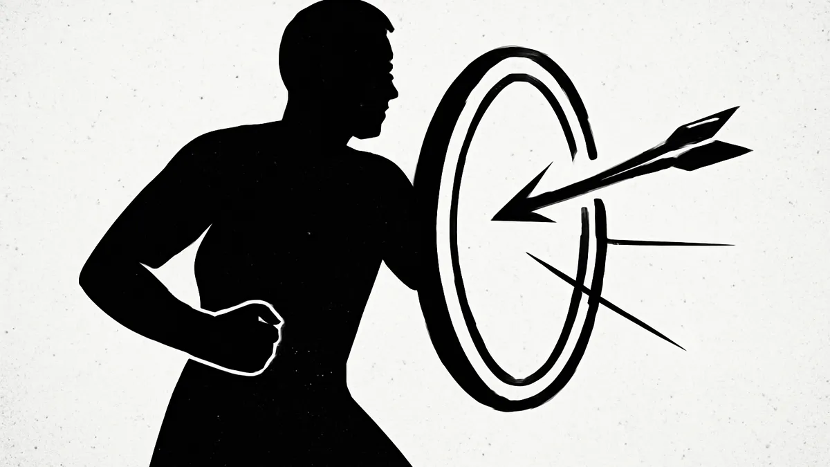 Ilustração minimalista em preto e branco de uma pessoa com um escudo bloqueando uma flecha, simbolizando a legítima defesa no Direito Penal