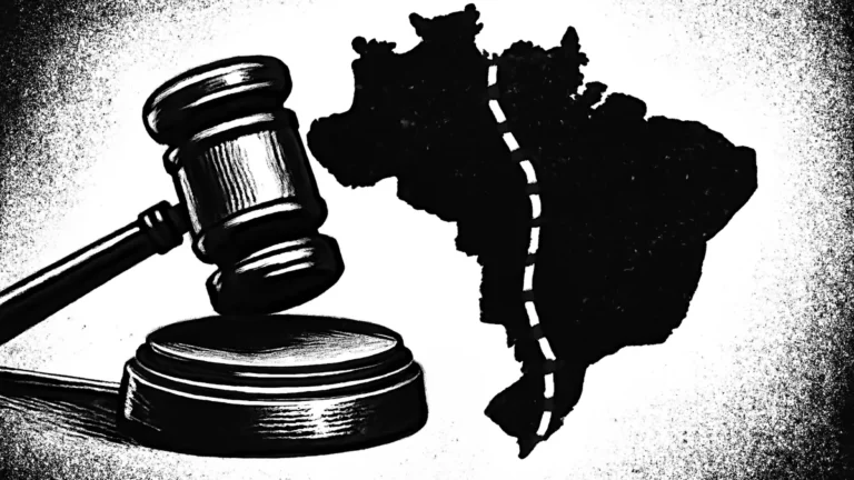 Ilustração minimalista em preto e branco de um martelo de juiz ao lado de um mapa do Brasil com uma linha de fronteira, simbolizando a decisão do STF sobre o marco temporal