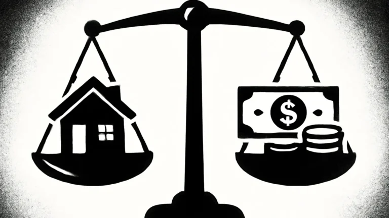 Ilustração minimalista em preto e branco de uma balança dividindo uma casa e dinheiro em lados opostos, simbolizando a partilha de bens no divórcio