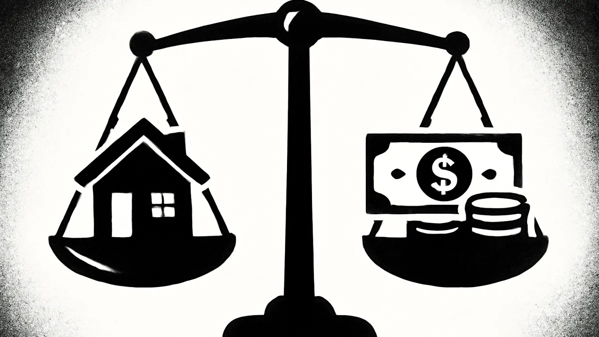 Ilustração minimalista em preto e branco de uma balança dividindo uma casa e dinheiro em lados opostos, simbolizando a partilha de bens no divórcio