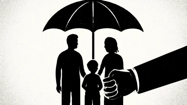 Ilustração minimalista em preto e branco de uma família protegida por um guarda-chuva e uma mão, simbolizando a pensão por morte previdenciária
