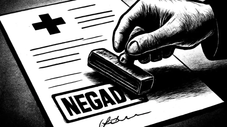 Ilustração de carimbo negado sobre documento médico, simbolizando plano de saúde negou procedimento