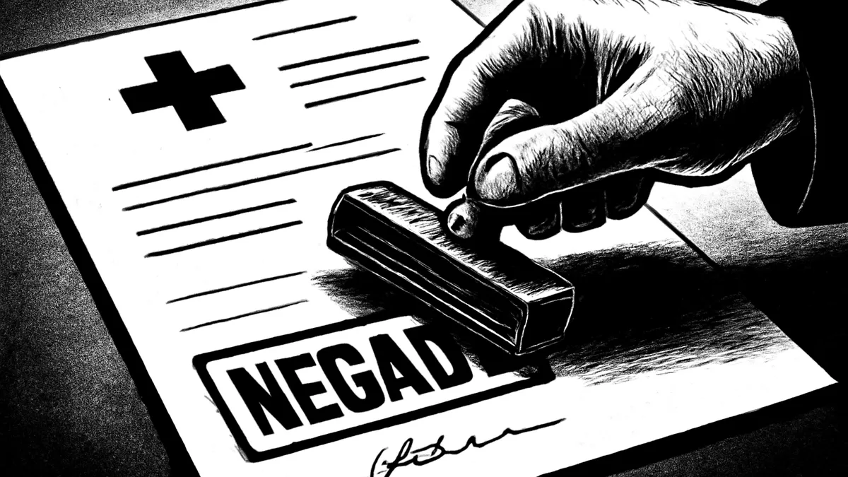 Ilustração de carimbo negado sobre documento médico, simbolizando plano de saúde negou procedimento