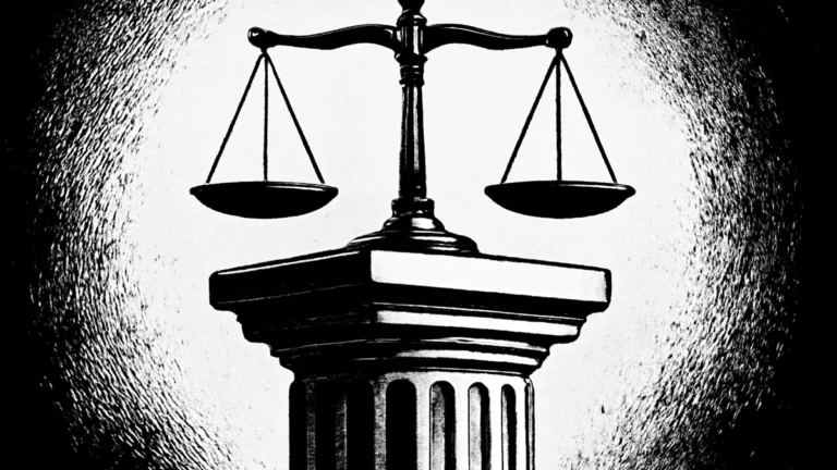 Balança sobre colunas clássicas parcialmente esboçadas, simbolizando os princípios gerais do direito