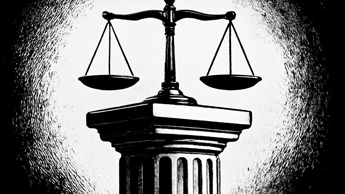 Balança sobre colunas clássicas parcialmente esboçadas, simbolizando os princípios gerais do direito