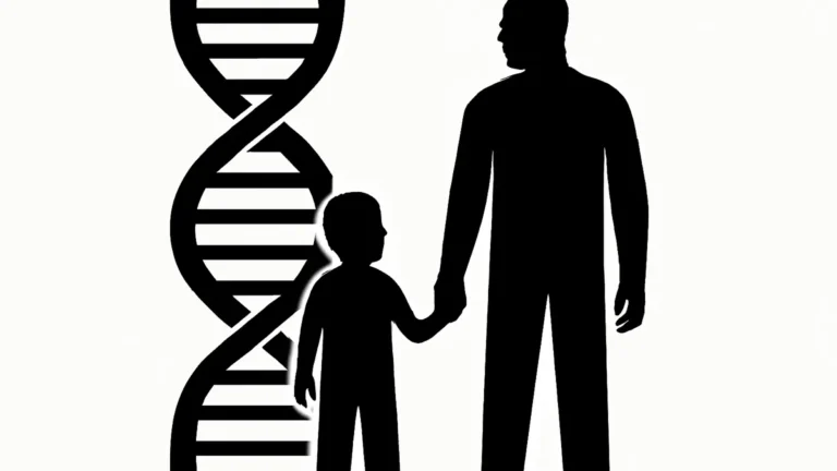 Ilustração minimalista em preto e branco de uma dupla hélice de DNA ao lado de um pai e uma criança de mãos dadas, simbolizando o reconhecimento de paternidade