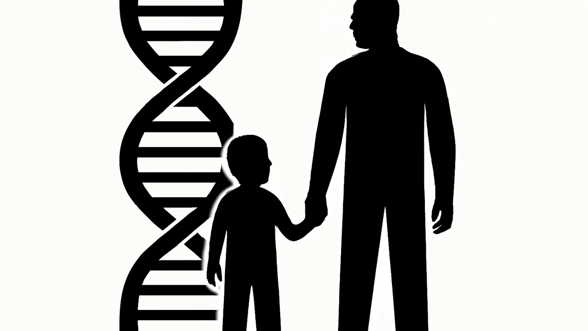 Ilustração minimalista em preto e branco de uma dupla hélice de DNA ao lado de um pai e uma criança de mãos dadas, simbolizando o reconhecimento de paternidade