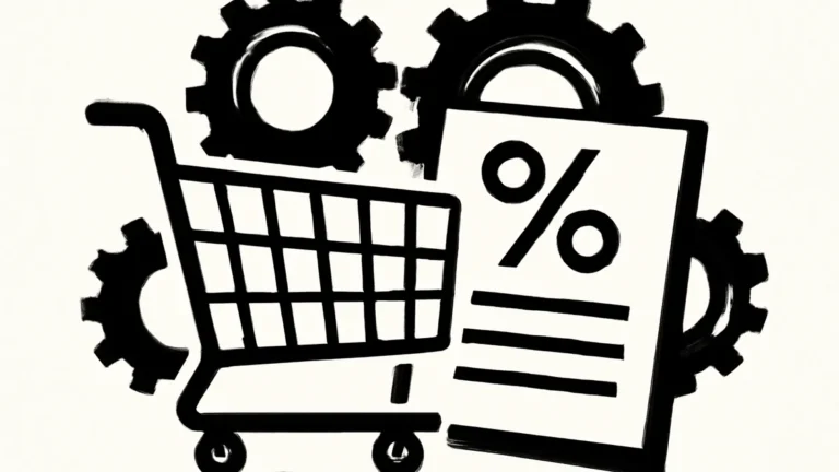 Ilustração minimalista em preto e branco de um carrinho de compras com uma nota fiscal e engrenagens, simbolizando a reforma tributária do consumo no Brasil