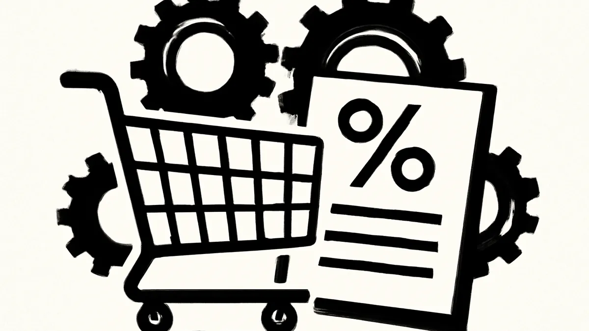 Ilustração minimalista em preto e branco de um carrinho de compras com uma nota fiscal e engrenagens, simbolizando a reforma tributária do consumo no Brasil