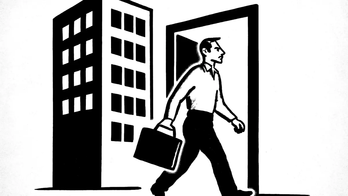 Ilustração minimalista em preto e branco de um trabalhador saindo de um prédio de escritório com uma maleta, simbolizando a rescisão indireta trabalhista