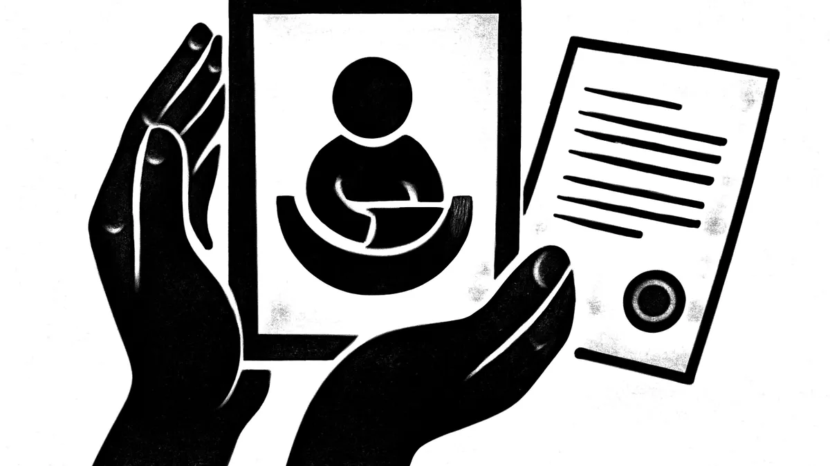 Mãos protetoras ao redor de símbolo de bebê com documento oficial, simbolizando o salário-maternidade