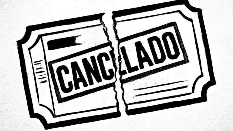 Ilustração de ingresso rasgado com carimbo cancelado, simbolizando show ou evento cancelado