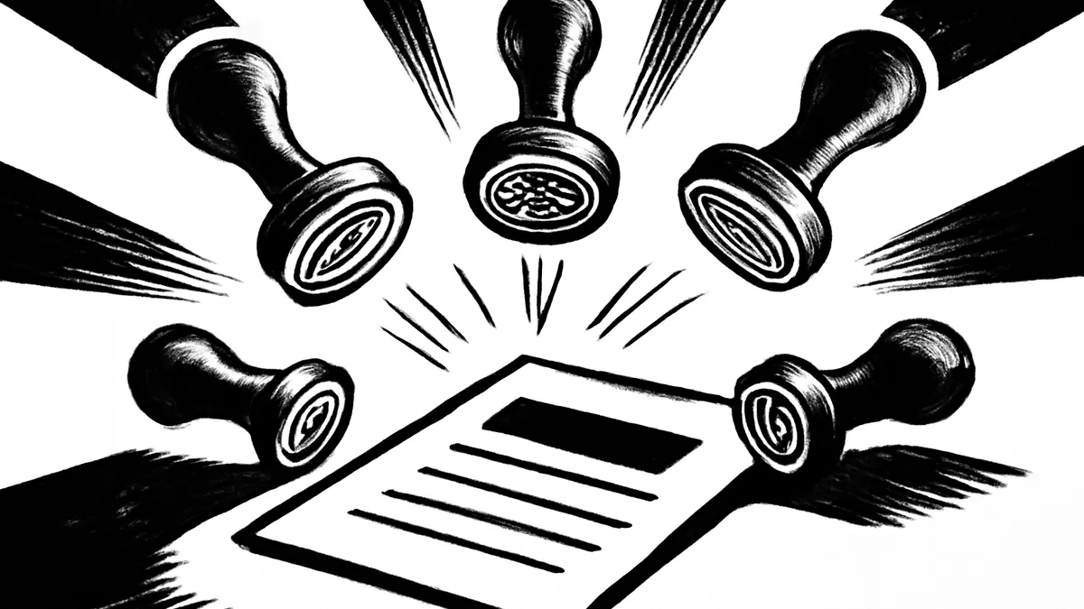Vários selos convergindo para um único documento, simbolizando o Simples Nacional