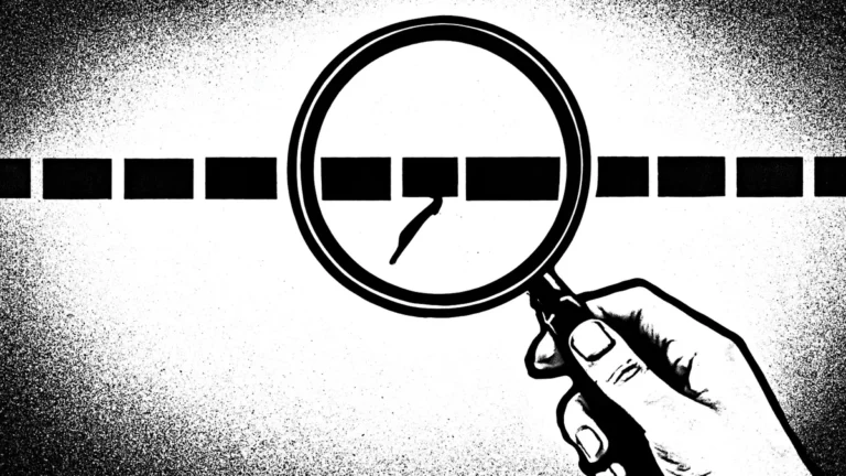 Ilustração minimalista em preto e branco de uma lupa examinando uma lacuna em uma linha do tempo, simbolizando a comprovação do tempo de contribuição ao INSS