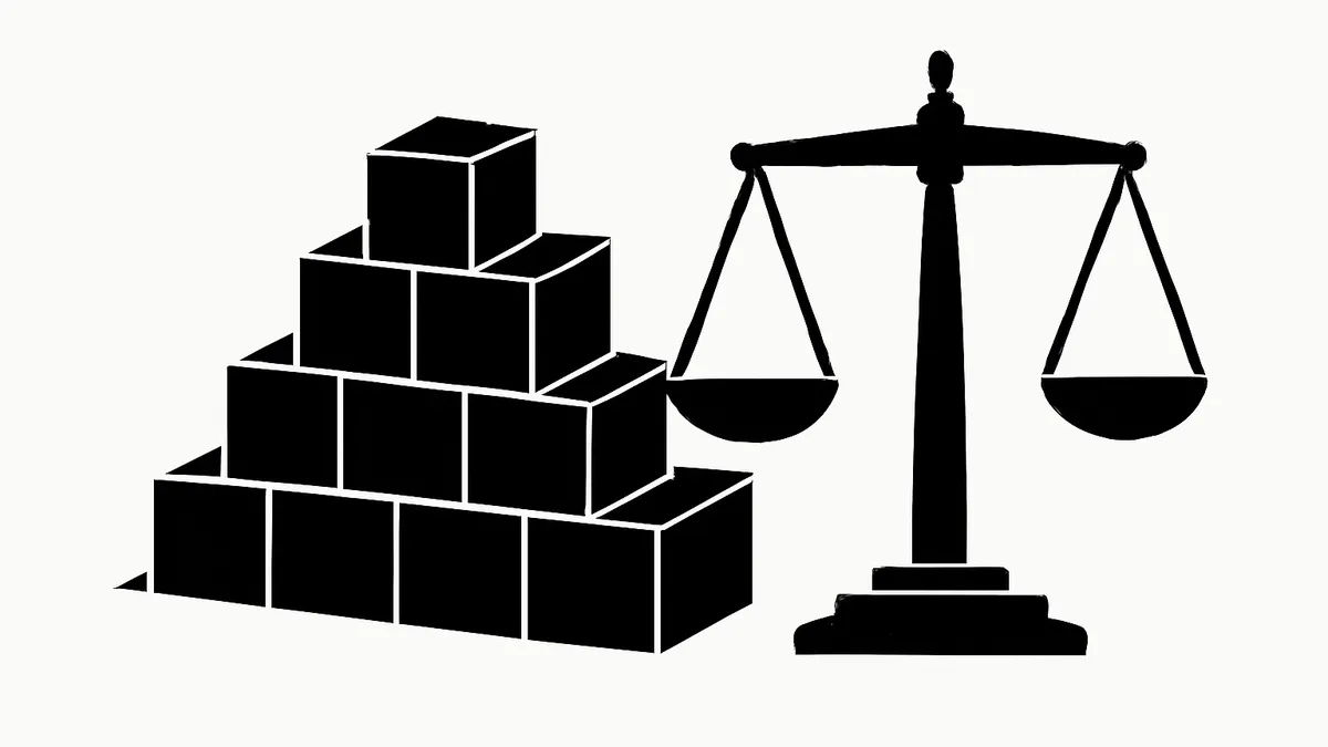 Ilustração simbolizando teoria do direito: pirâmide de hierarquia das normas ao lado da balança da justiça