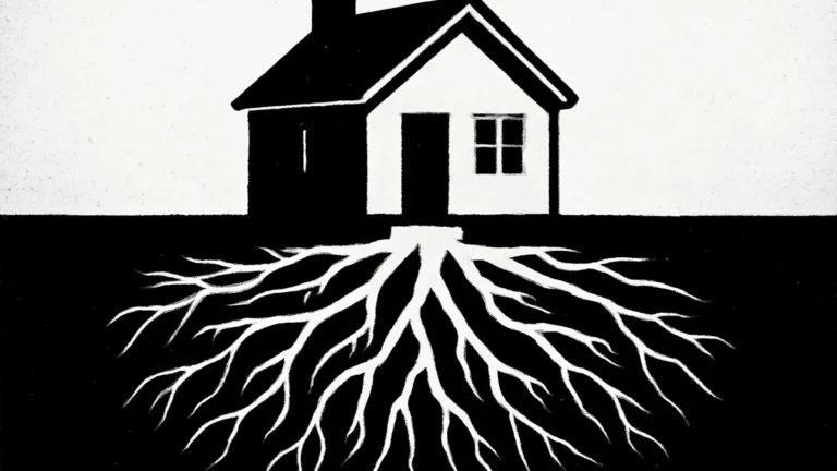 Ilustração minimalista em preto e branco de uma casa com raízes profundas, simbolizando a usucapião de imóvel pela posse ao longo do tempo