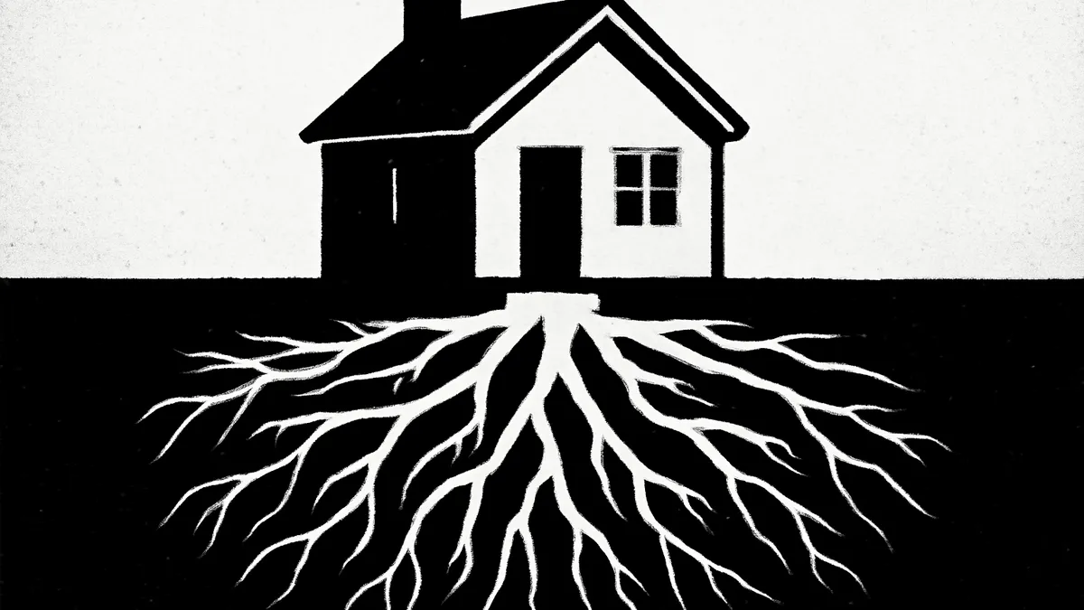 Ilustração minimalista em preto e branco de uma casa com raízes profundas, simbolizando a usucapião de imóvel pela posse ao longo do tempo
