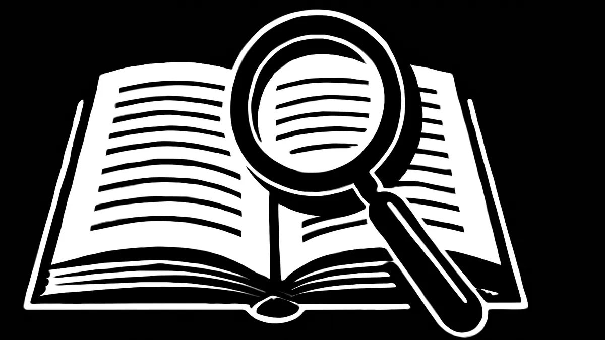 Ilustração de livro aberto com lupa representando o glossário jurídico