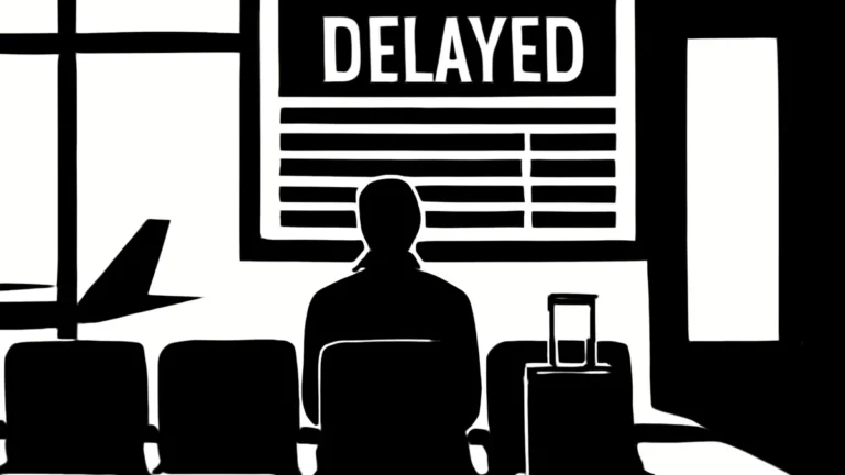 Ilustração de passageiro esperando em aeroporto com painel de voo atrasado